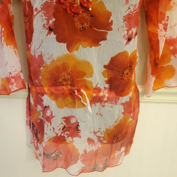 Sahiba Sheer Dress Vintage Red Beaded Orange Floral India Coverup Tunic M - Picture 4 of 7